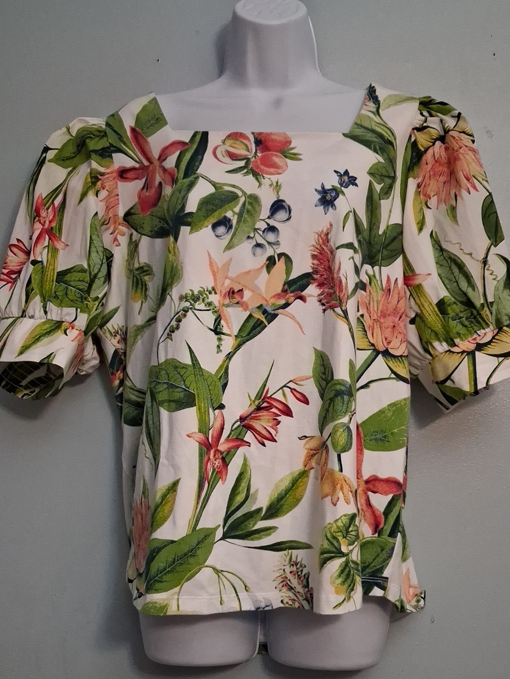 Chico's Size XL (3) Women's White Floral Print Square-Neck Puff Sleeve Blouse